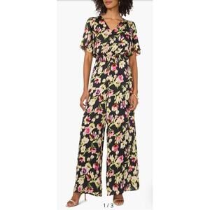 Vince Camuto  Jumpsuit Wide Leg in Rich Black Floral Floral Flutter Sleeve L